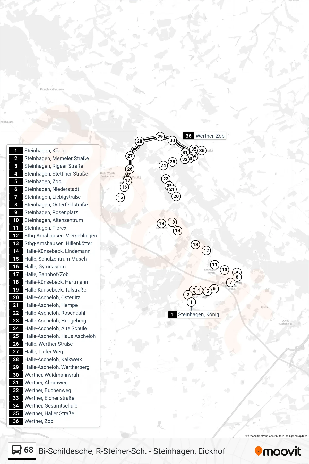 68 bus Line (Werther, Zob) route and stops on a map