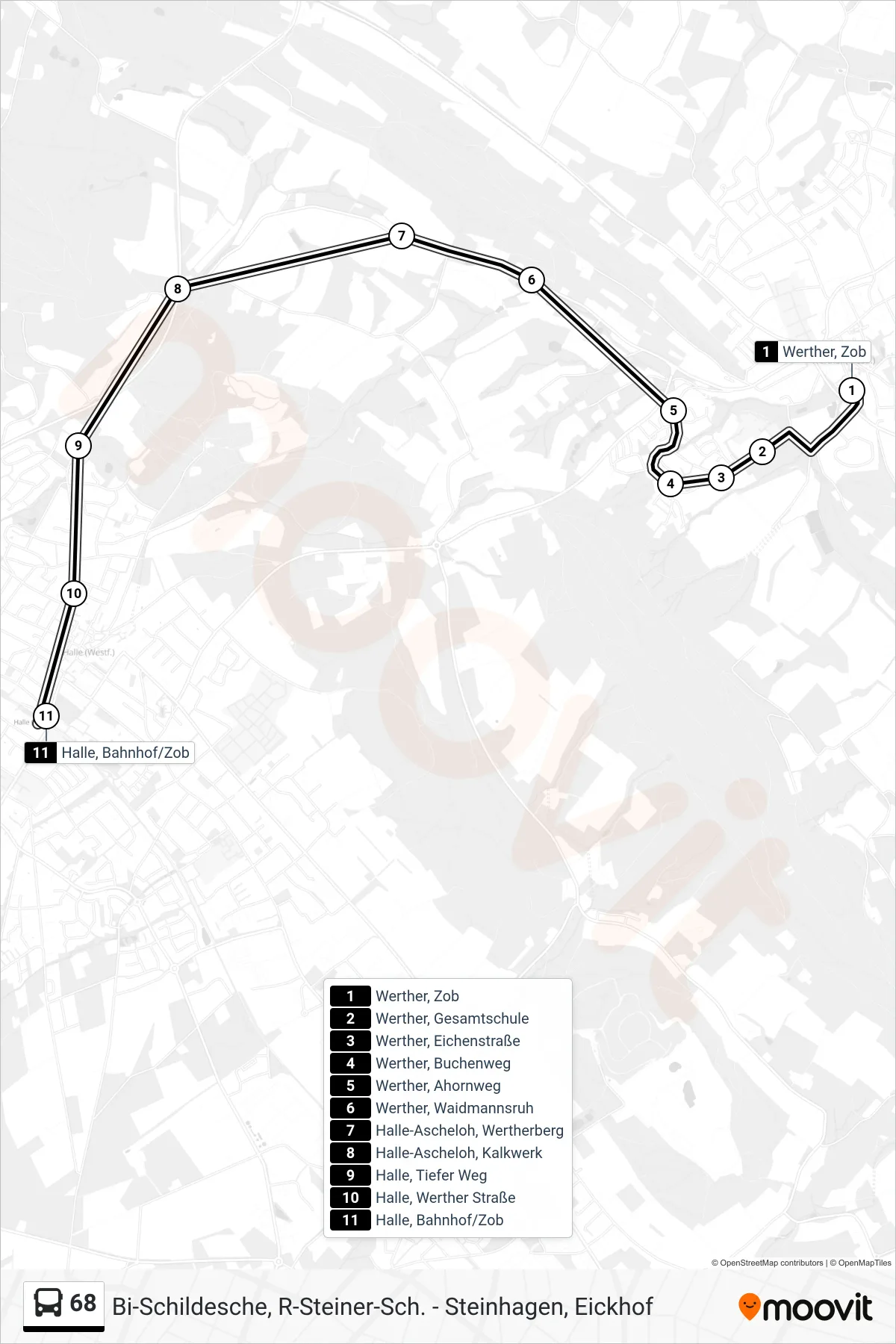 Linie 68 (Bus) Richtung Halle, Bahnhof/Zob 2: Route und Haltestellen auf der Karte