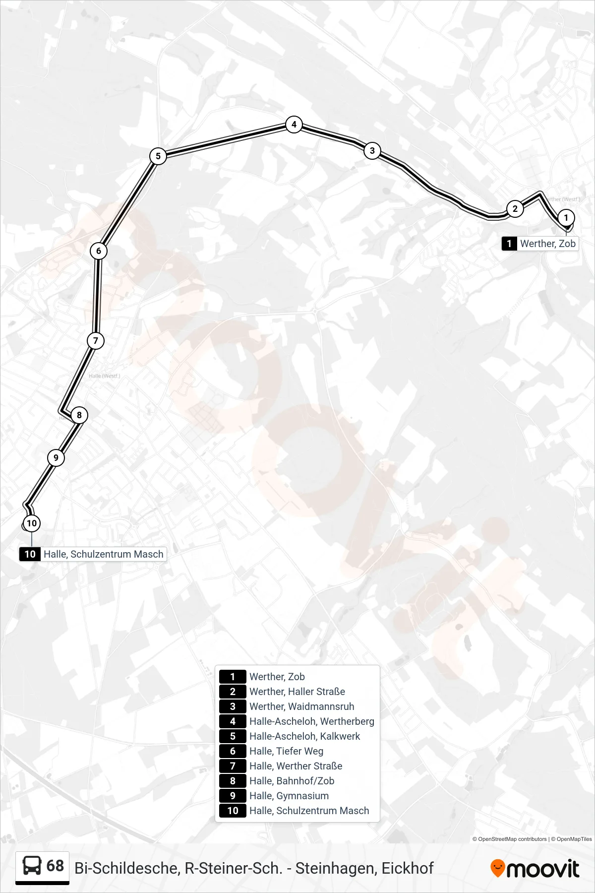 Linie 68 (Bus) Richtung Halle, Schulzentrum Masch: Route und Haltestellen auf der Karte