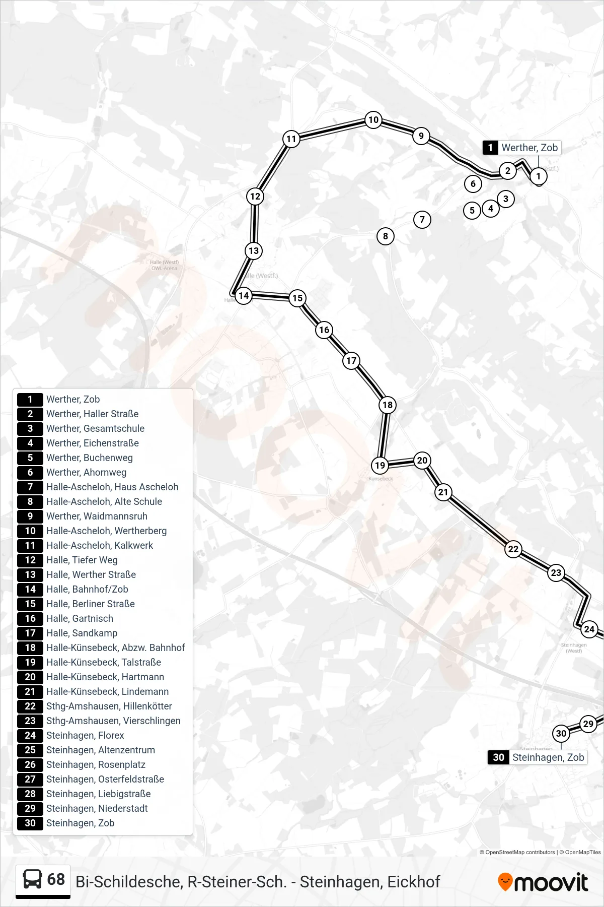 68 bus Line (Steinhagen, Zob) route and stops on a map
