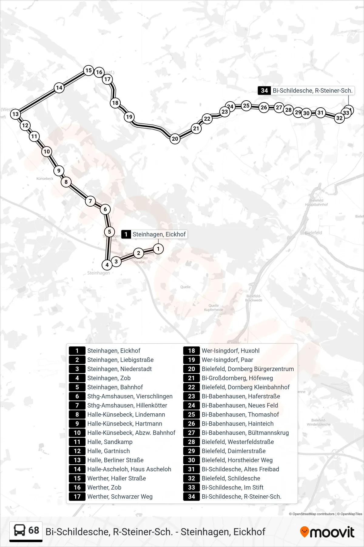 68 bus Line (Bi-Schildesche, R-Steiner-Sch.) route and stops on a map