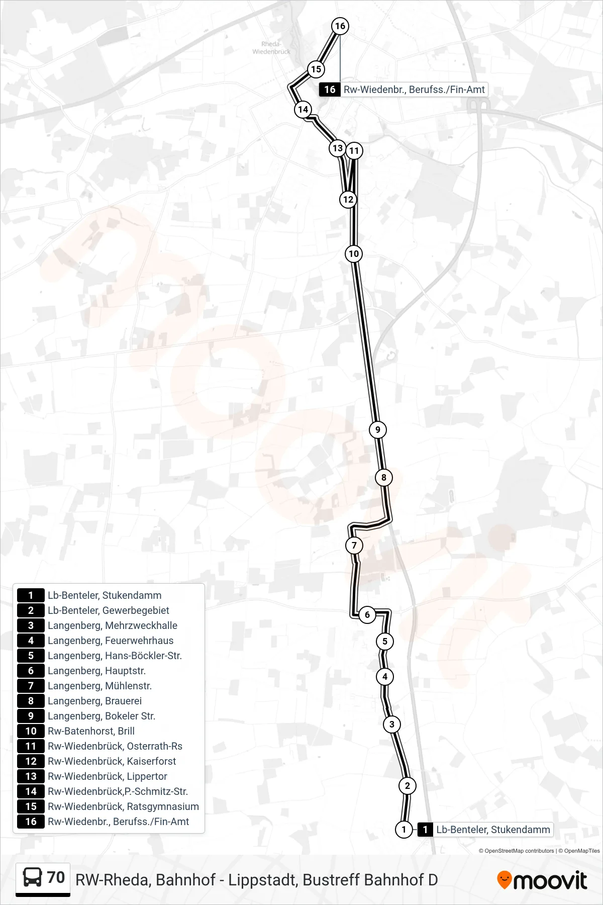 Linie 70 (Bus) Richtung Rw-Wiedenbr., Berufss./Fin-Amt: Route und Haltestellen auf der Karte