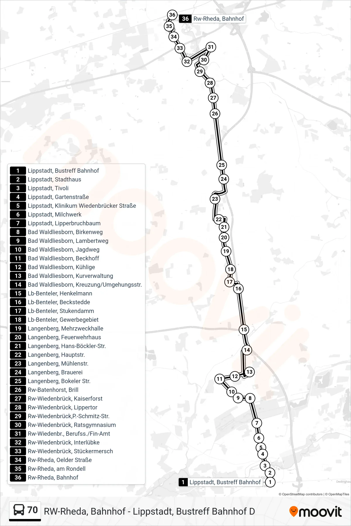 Linie 70 (Bus) Richtung Rw-Rheda, Bahnhof: Route und Haltestellen auf der Karte