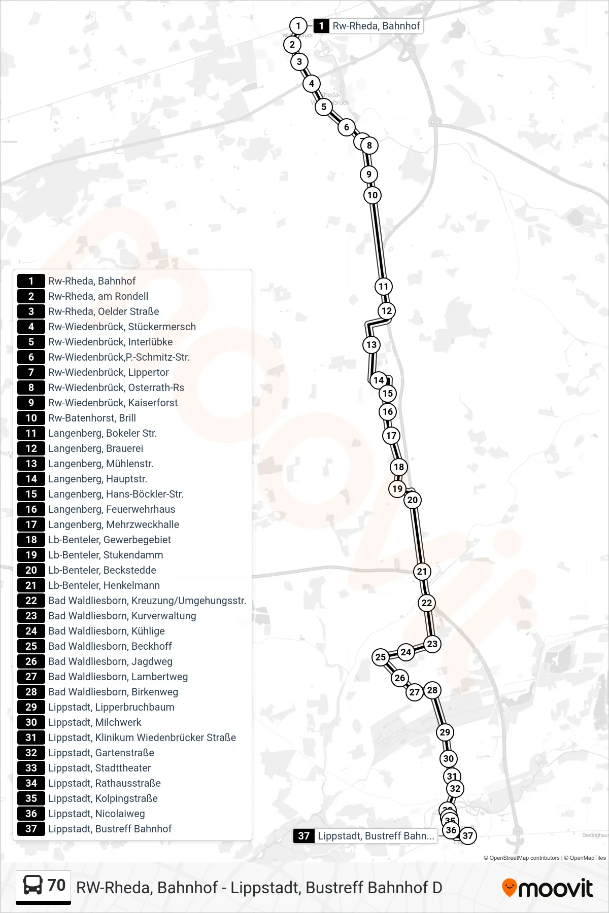 70 bus Line (Lippstadt, Bustreff Bahnhof D) route and stops on a map