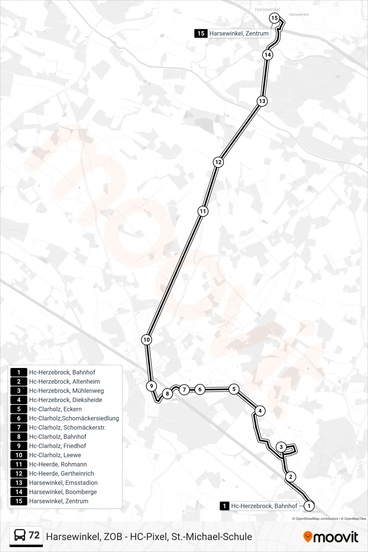 72 bus Line (Harsewinkel, Zentrum) route and stops on a map