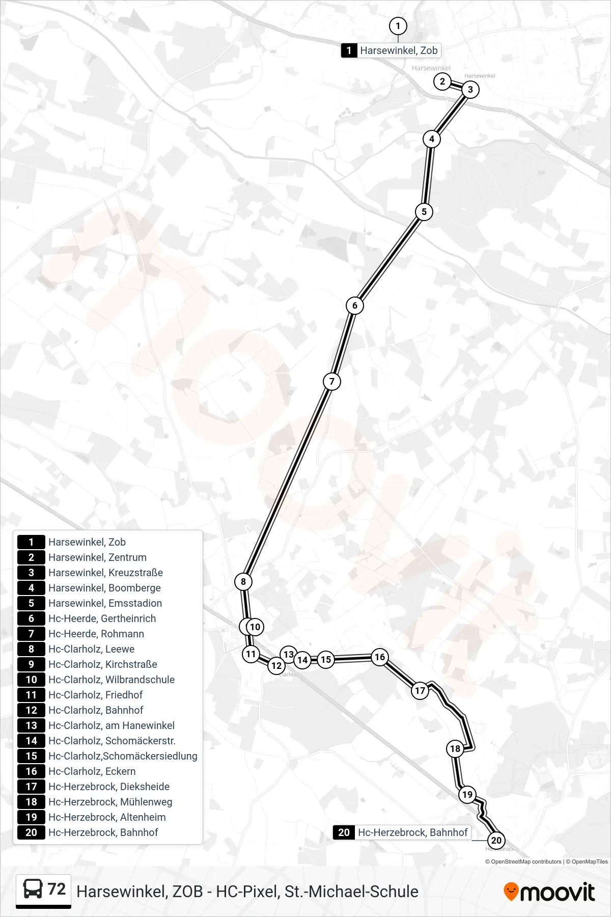 Linie 72 (Bus) Richtung Hc-Herzebrock, Bahnhof: Route und Haltestellen auf der Karte