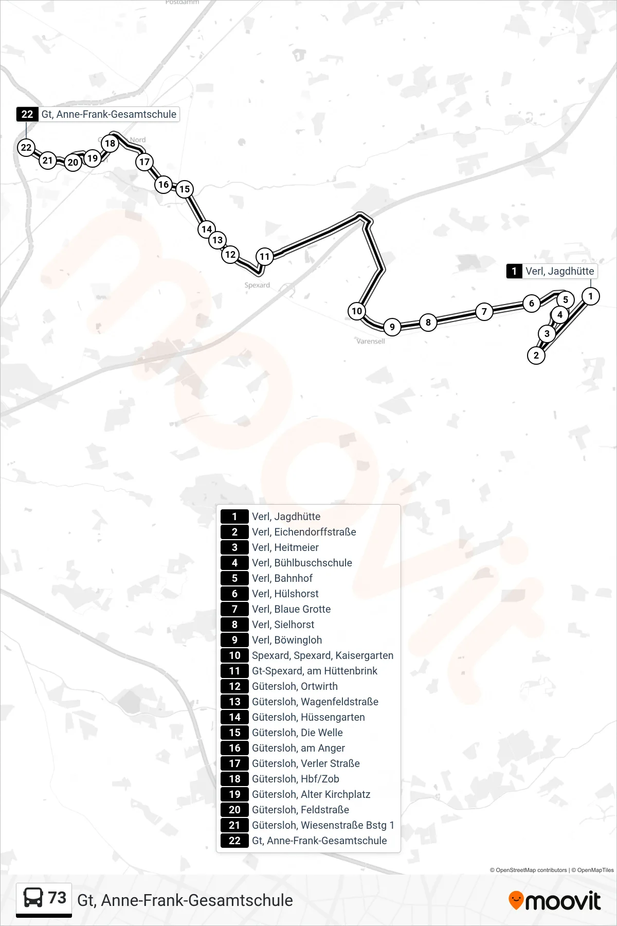 73 bus Line (Gt, Anne-Frank-Gesamtschule) route and stops on a map