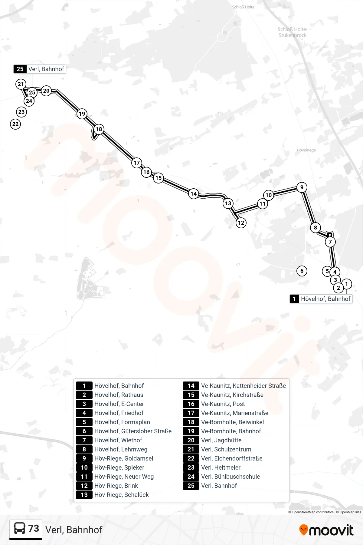Linie 73 (Bus) Richtung Verl, Bahnhof: Route und Haltestellen auf der Karte