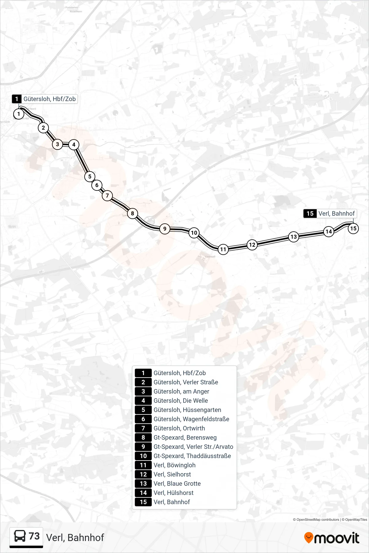 Linie 73 (Bus) Richtung Verl, Bahnhof: Route und Haltestellen auf der Karte