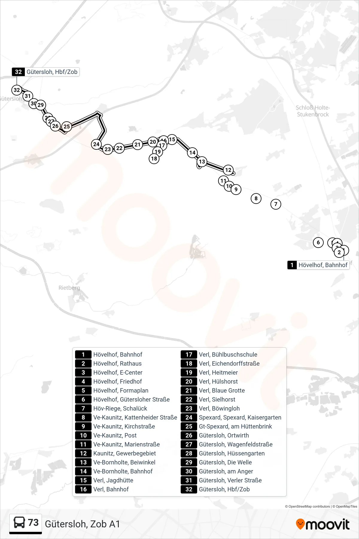 73 bus Line (Gütersloh, Zob A1) route and stops on a map