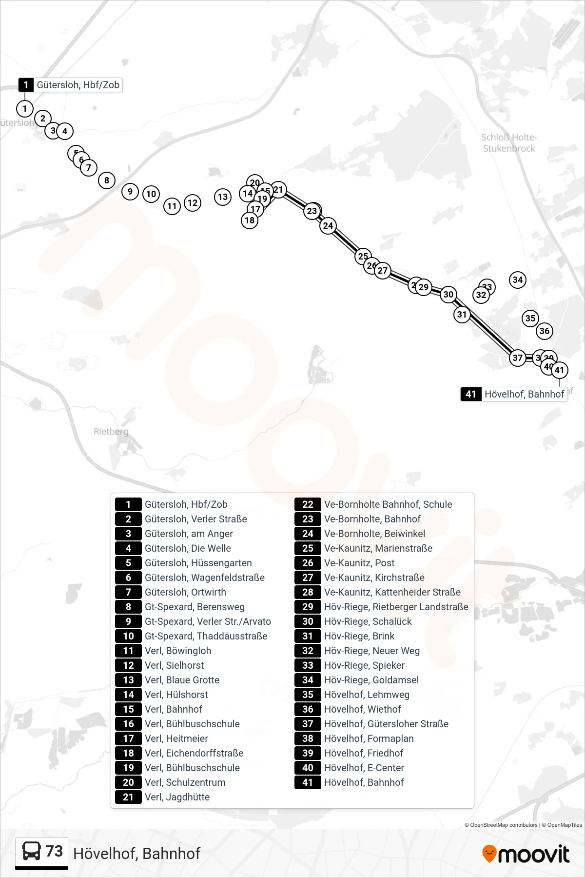 Linie 73 (Bus) Richtung Hövelhof, Bahnhof: Route und Haltestellen auf der Karte
