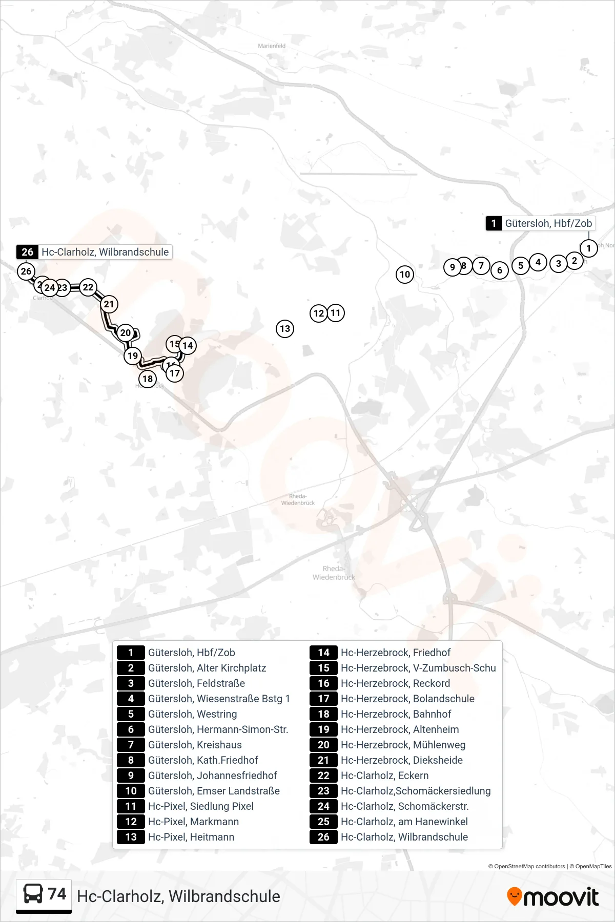 74 bus Line (Hc-Clarholz, Wilbrandschule) route and stops on a map