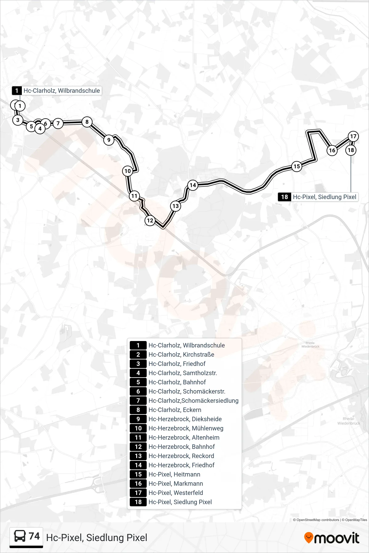 74 bus Line (Hc-Pixel, Siedlung Pixel) route and stops on a map