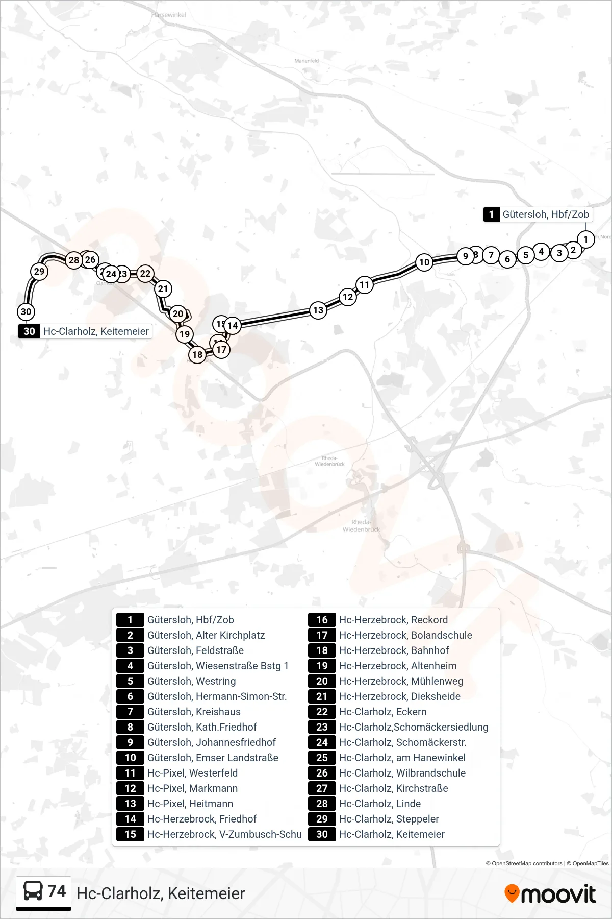 Linie 74 (Bus) Richtung Hc-Clarholz, Keitemeier: Route und Haltestellen auf der Karte