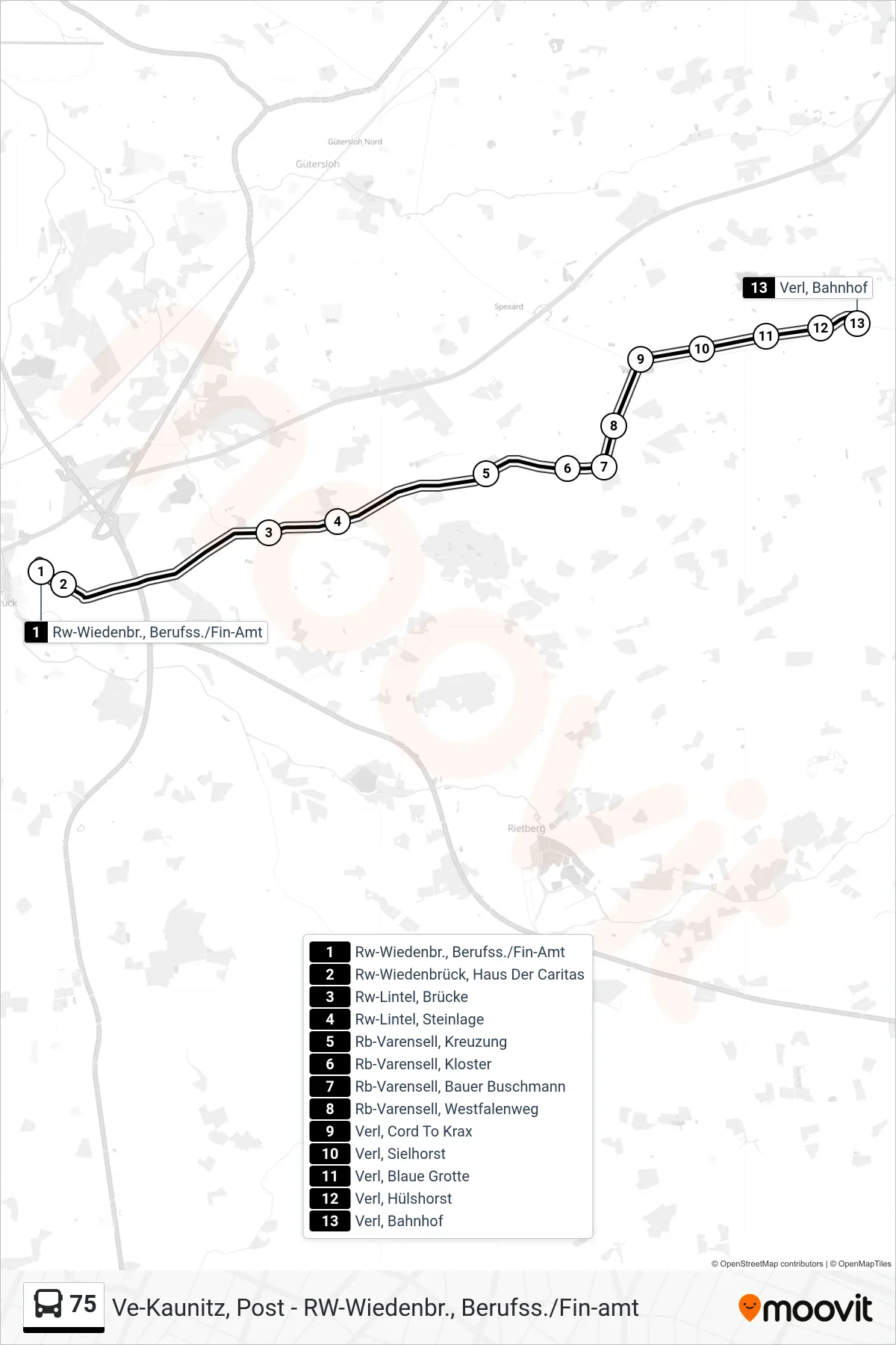 Linie 75 (Bus) Richtung Verl, Bahnhof: Route und Haltestellen auf der Karte