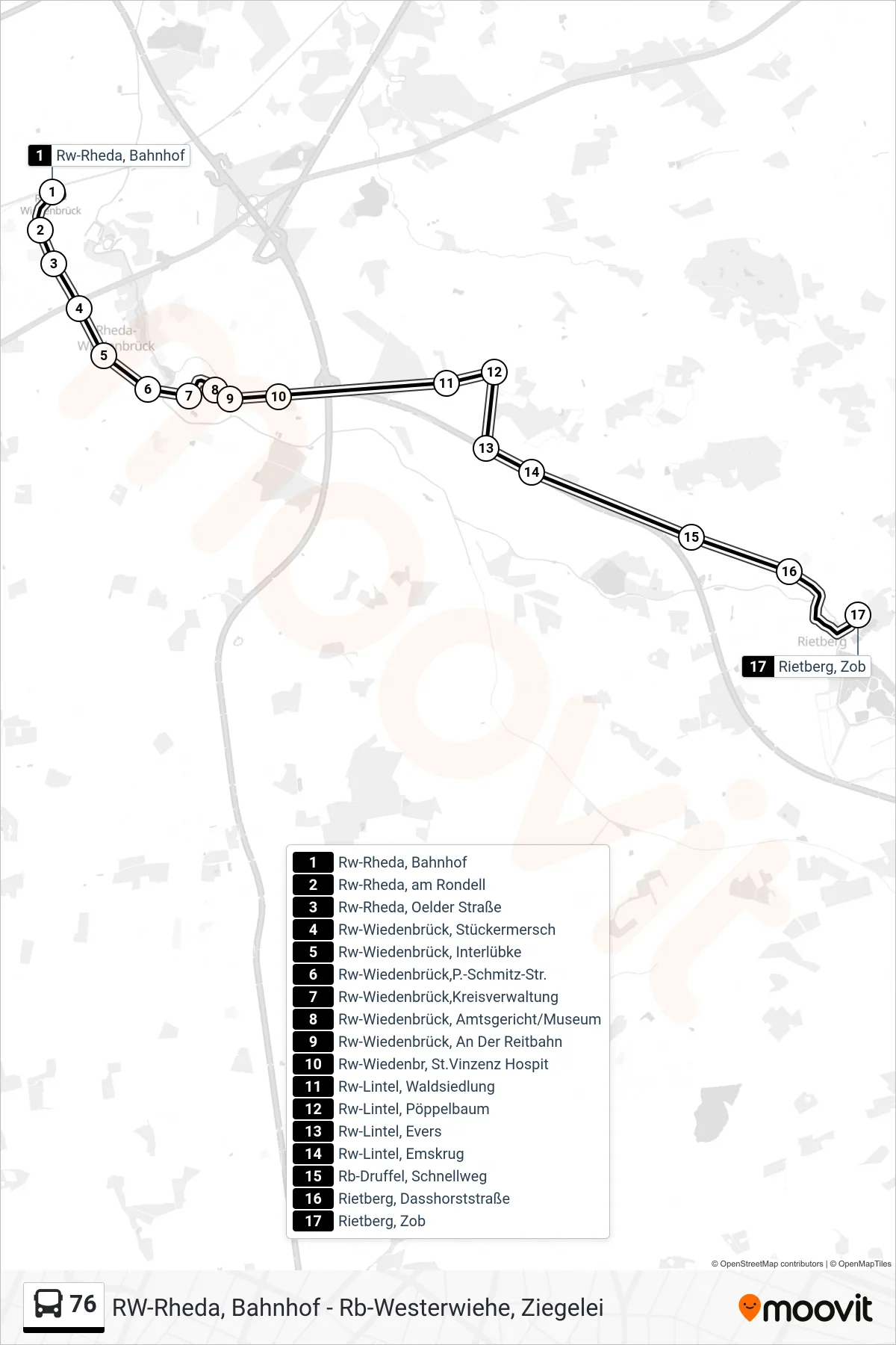 Linie 76 (Bus) Richtung Rietberg, Zob: Route und Haltestellen auf der Karte