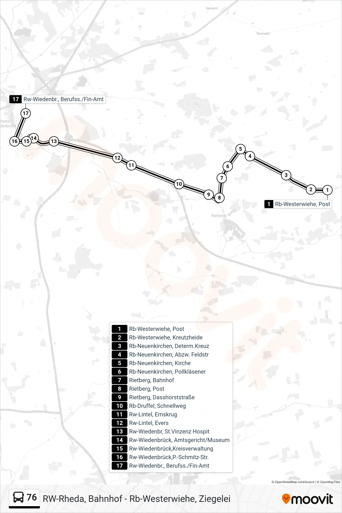 Linie 76 (Bus) Richtung Rw-Wiedenbr., Berufss./Fin-Amt: Route und Haltestellen auf der Karte