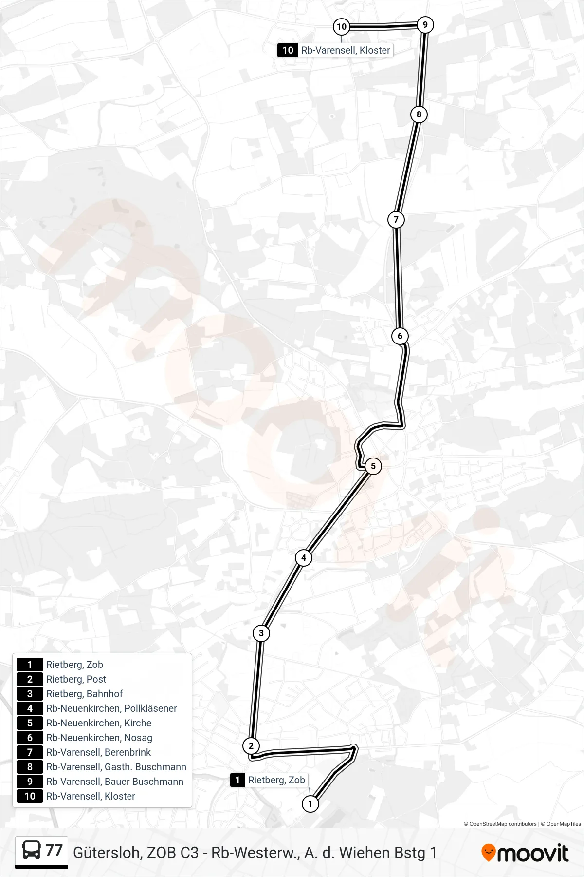 Linie 77 (Bus) Richtung Rb-Varensell, Kloster: Route und Haltestellen auf der Karte