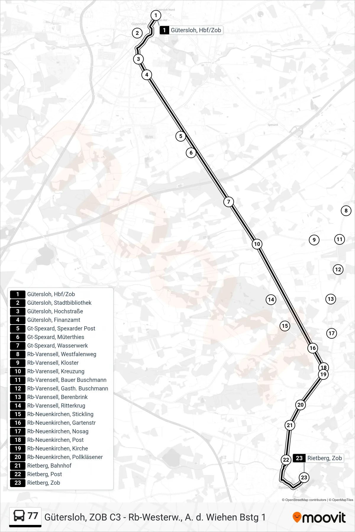 77 bus Line (Rietberg, Zob) route and stops on a map