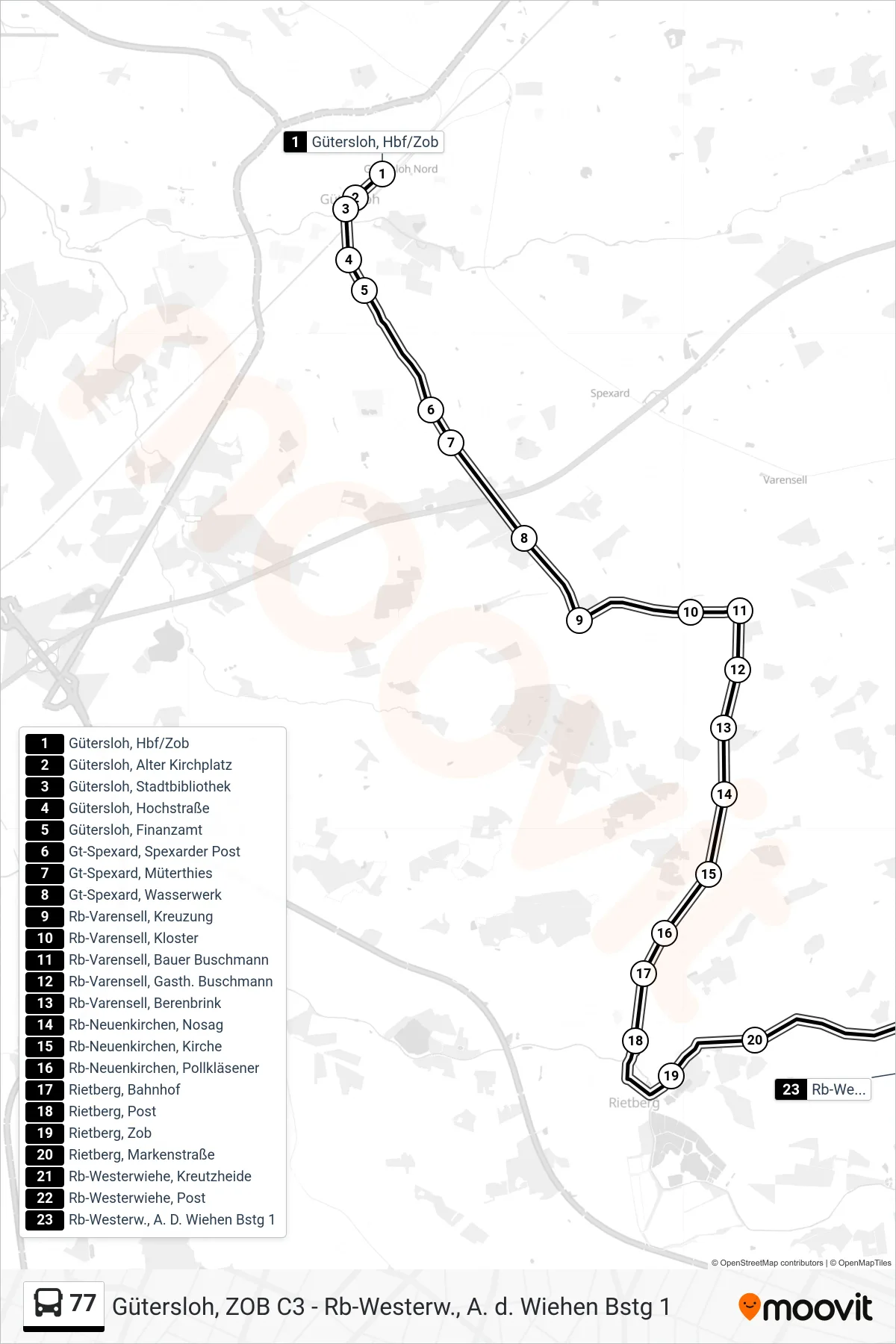 Linie 77 (Bus) Richtung Rb-Westerw., A. D. Wiehen Bstg 1: Route und Haltestellen auf der Karte