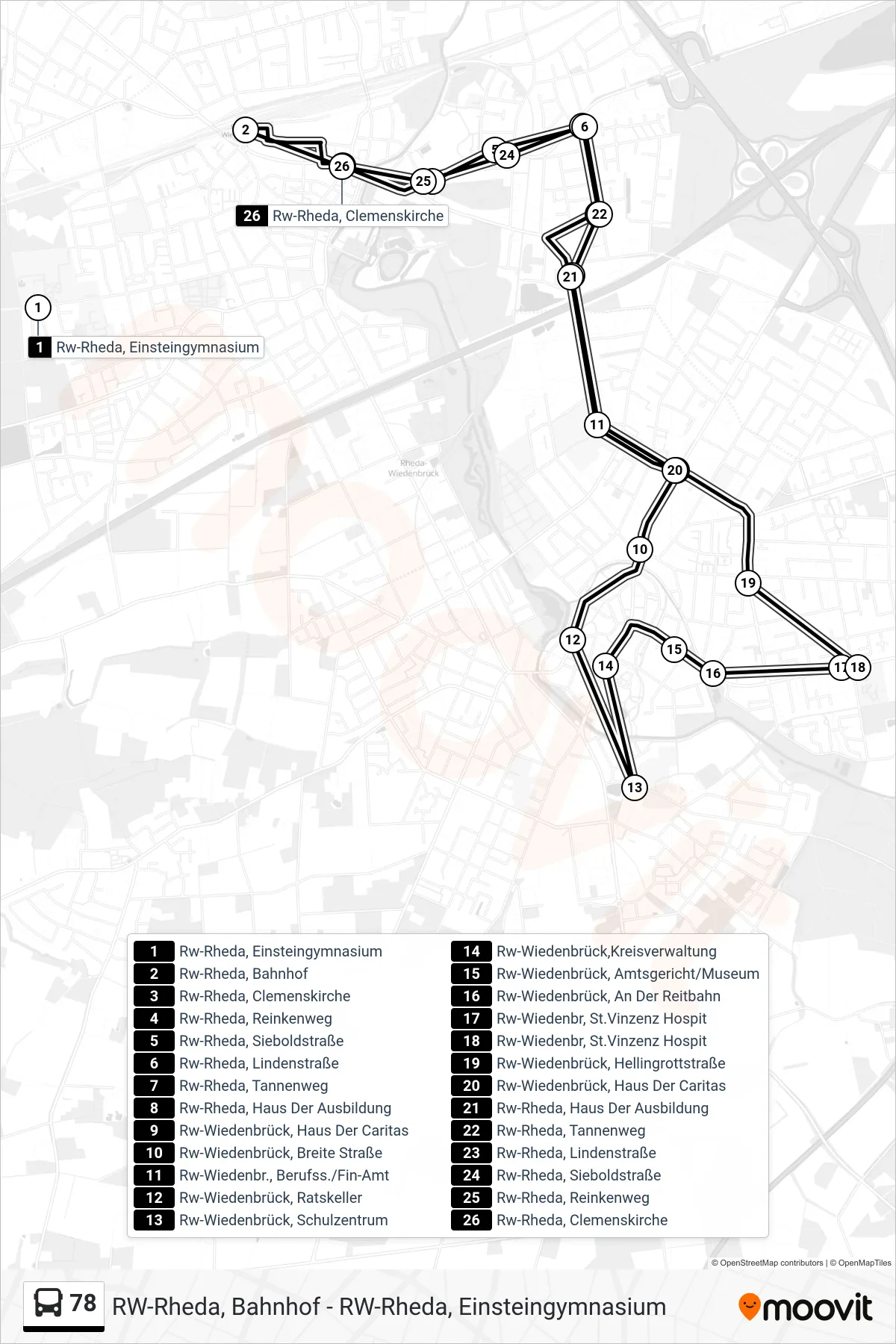 Linie 78 (Bus) Richtung Rw-Rheda, Bahnhof: Route und Haltestellen auf der Karte