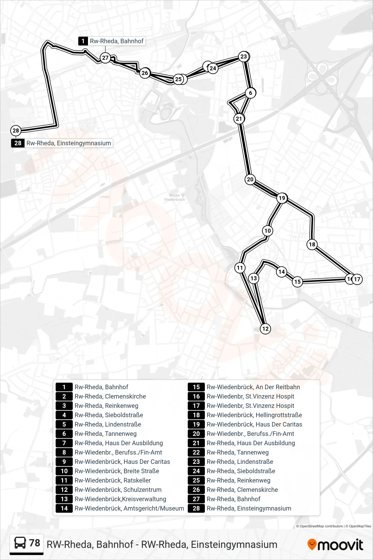Linie 78 (Bus) Richtung Rw-Rheda, Einsteingymnasium: Route und Haltestellen auf der Karte