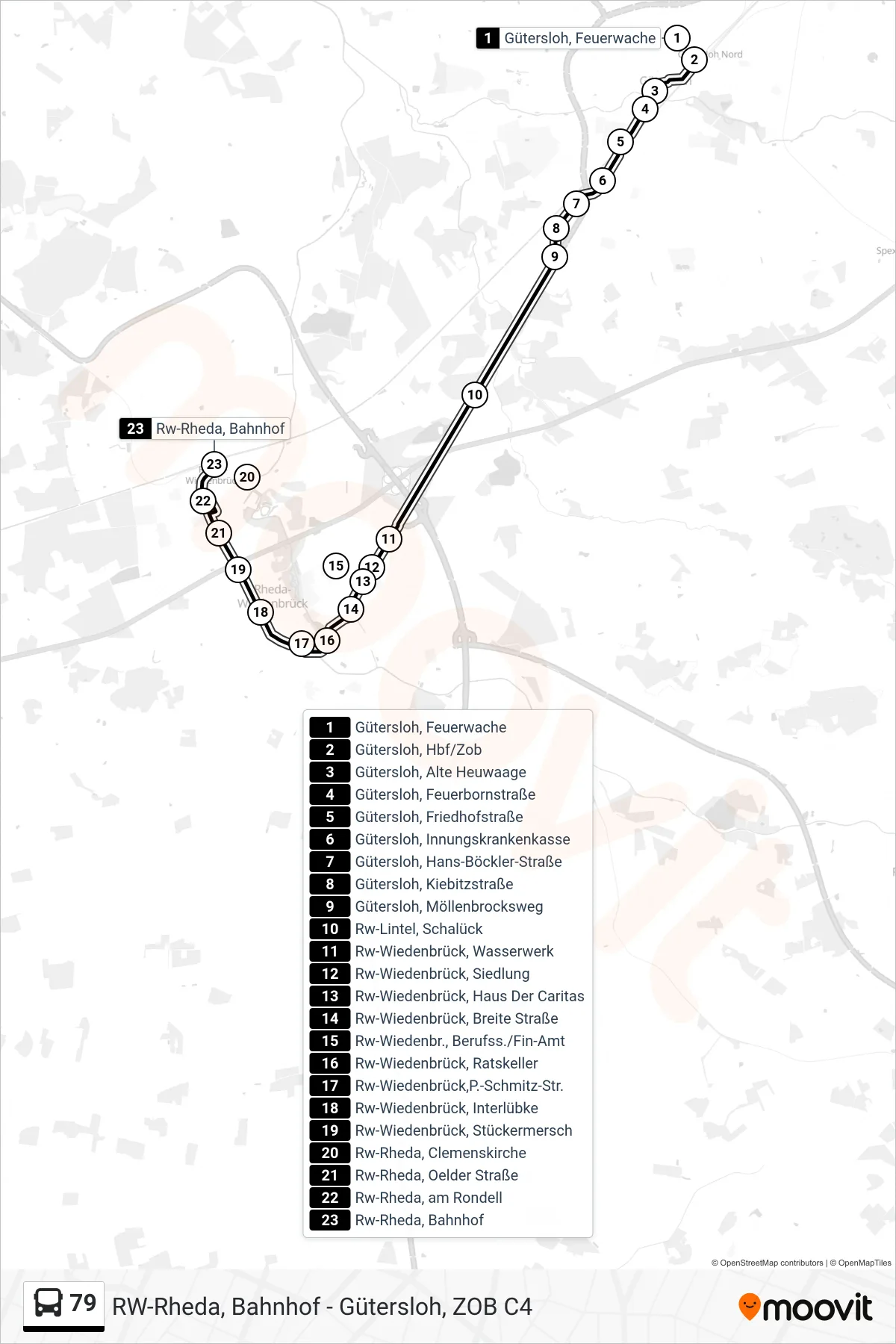 Linie 79 (Bus) Richtung Rw-Rheda, Bahnhof: Route und Haltestellen auf der Karte