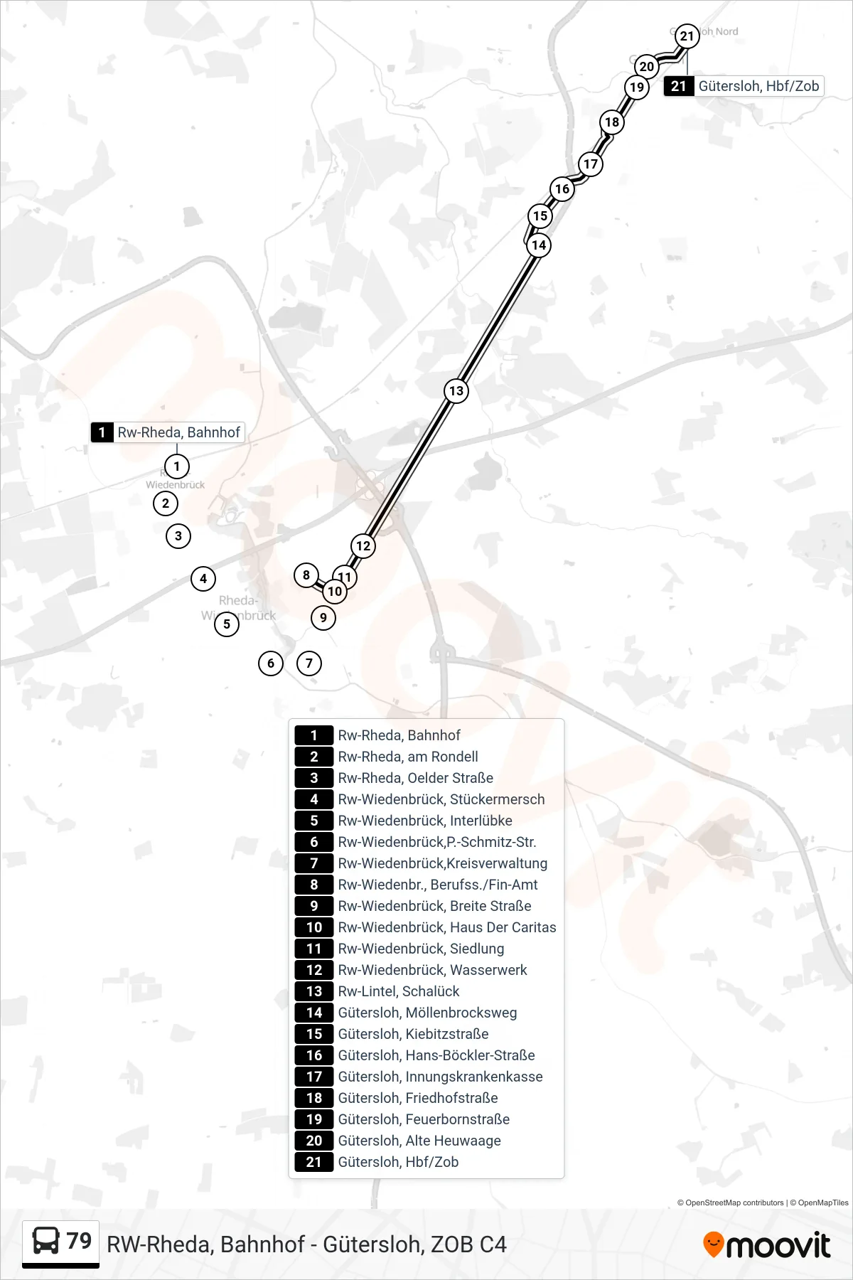 Linie 79 (Bus) Richtung Gütersloh, Zob C4: Route und Haltestellen auf der Karte