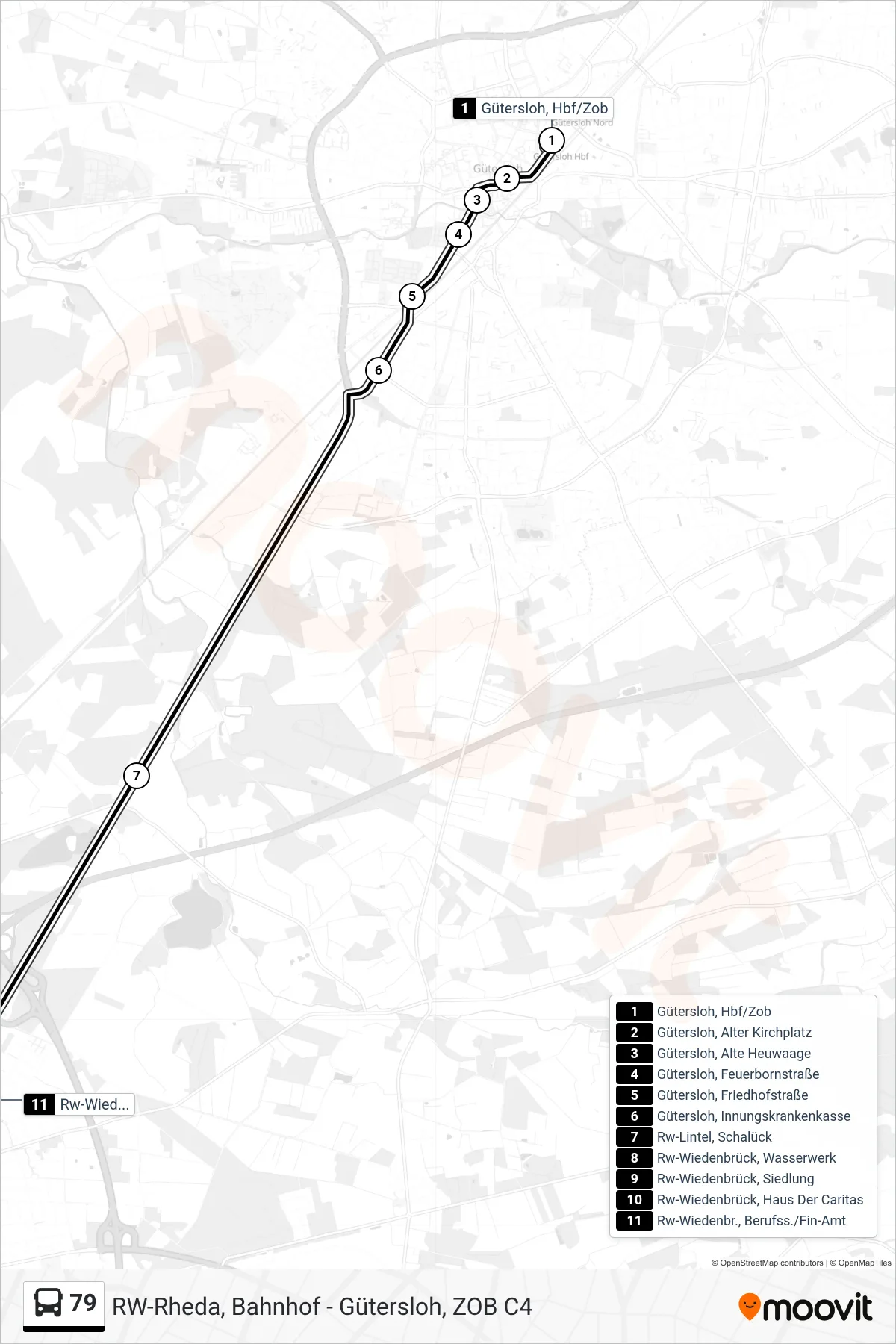 Linie 79 (Bus) Richtung Rw-Wiedenbr., Berufss./Fin-Amt: Route und Haltestellen auf der Karte