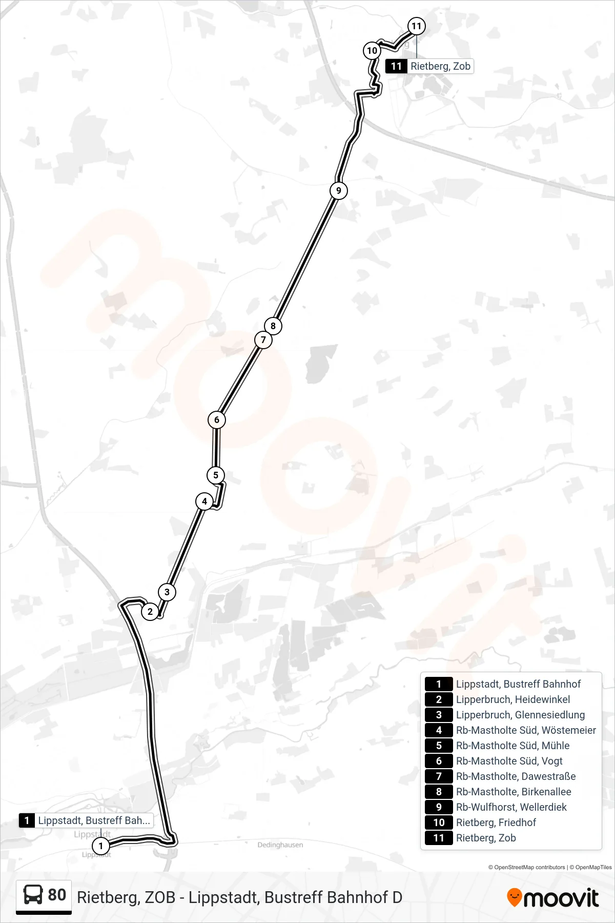 Linie 80 (Bus) Richtung Rietberg, Zob: Route und Haltestellen auf der Karte