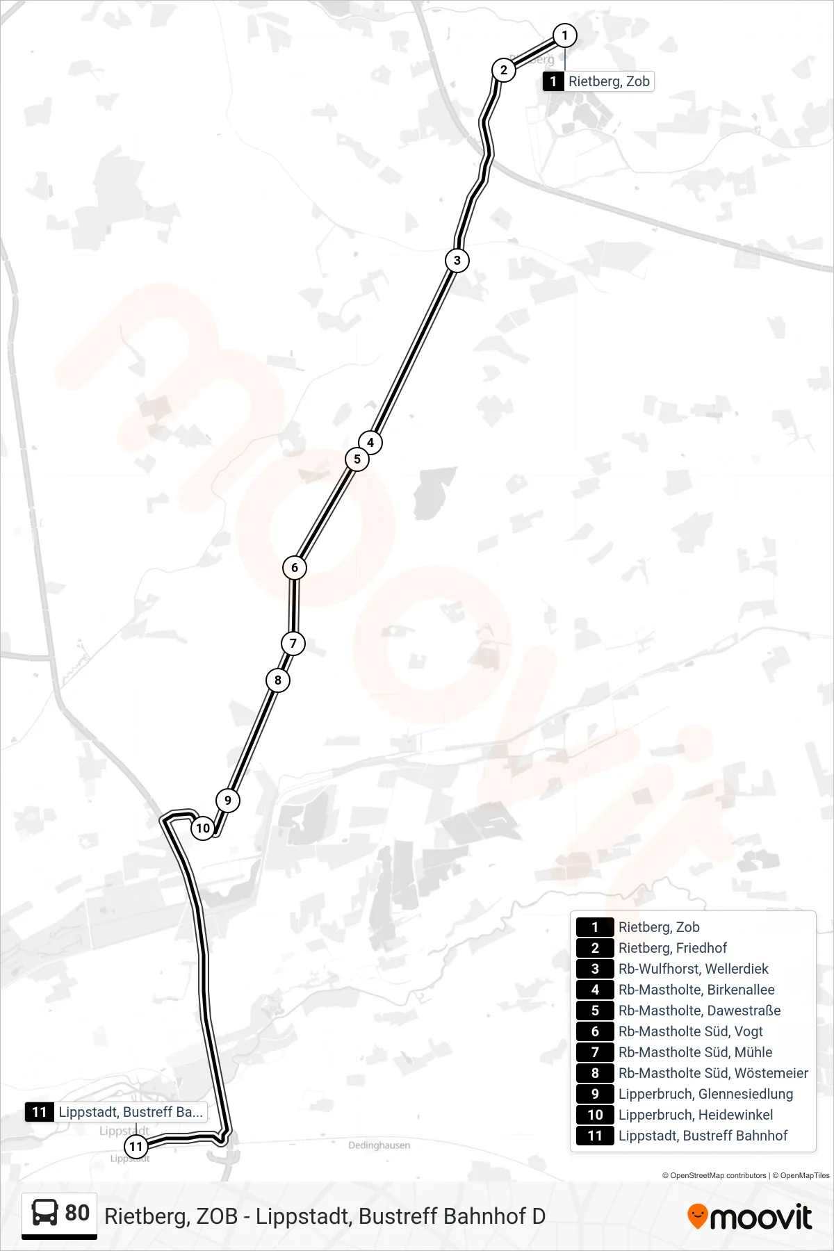 Linie 80 (Bus) Richtung Lippstadt, Bustreff Bahnhof D: Route und Haltestellen auf der Karte