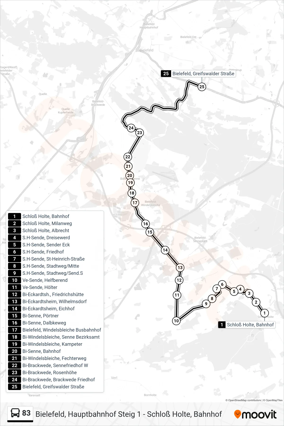 Linie 83 (Bus) Richtung Bielefeld, Greifswalder Straße: Route und Haltestellen auf der Karte