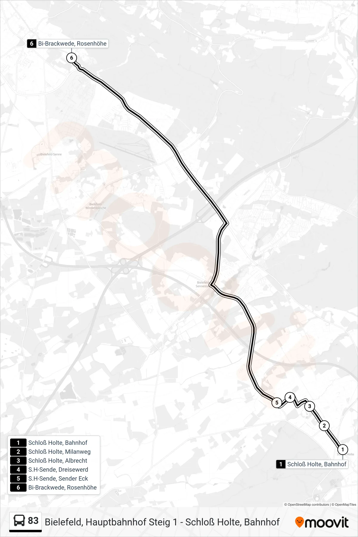 Linie 83 (Bus) Richtung Bi-Brackwede, Rosenhöhe Steig A: Route und Haltestellen auf der Karte