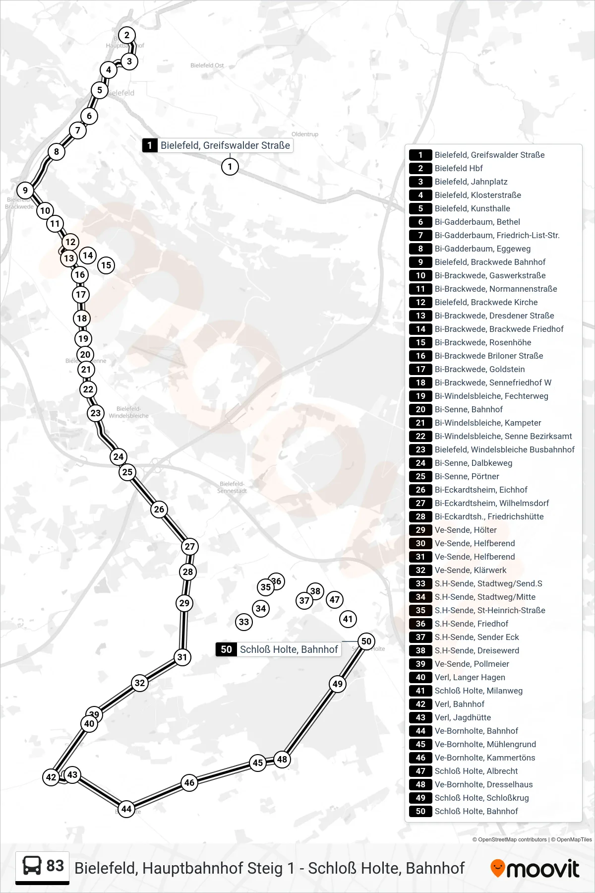 Linie 83 (Bus) Richtung Schloß Holte, Bahnhof: Route und Haltestellen auf der Karte