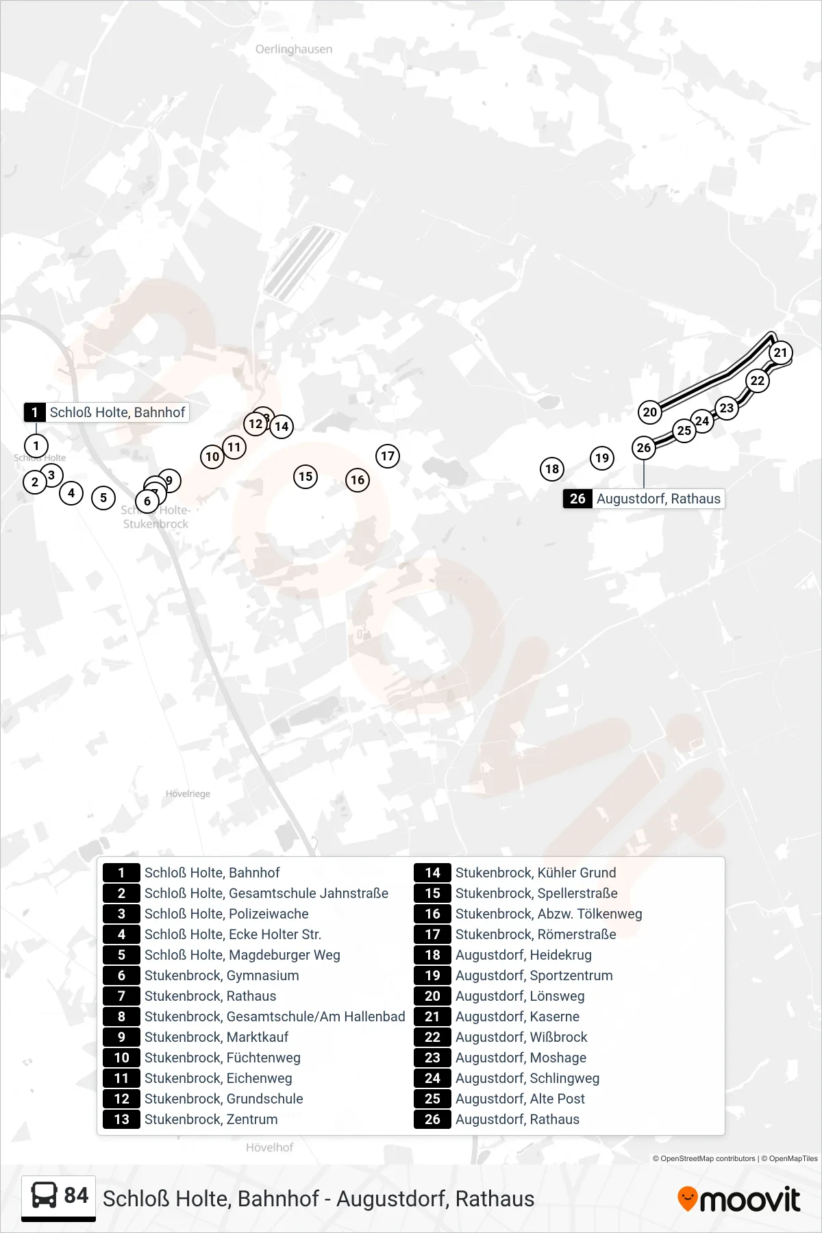 Linie 84 (Bus) Richtung Augustdorf, Rathaus: Route und Haltestellen auf der Karte