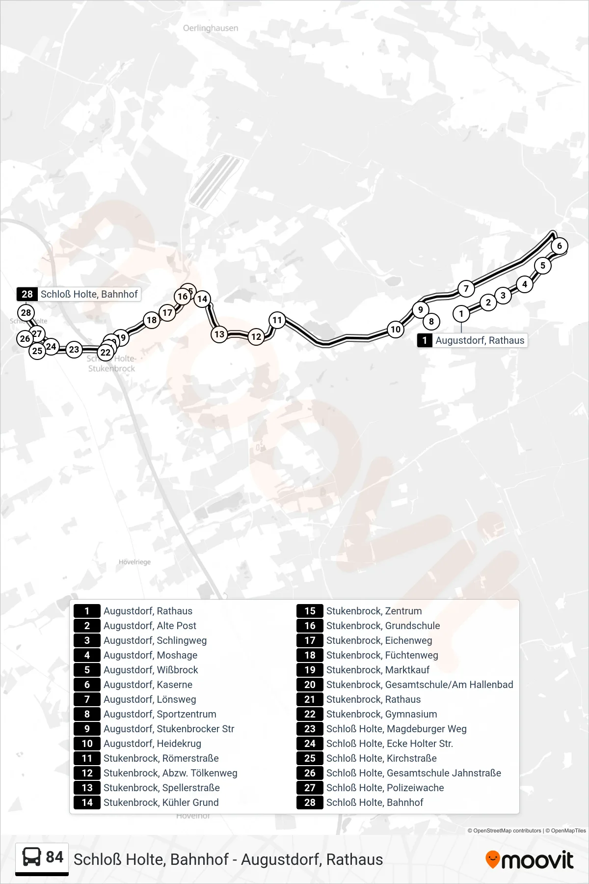 Linie 84 (Bus) Richtung Schloß Holte, Bahnhof: Route und Haltestellen auf der Karte