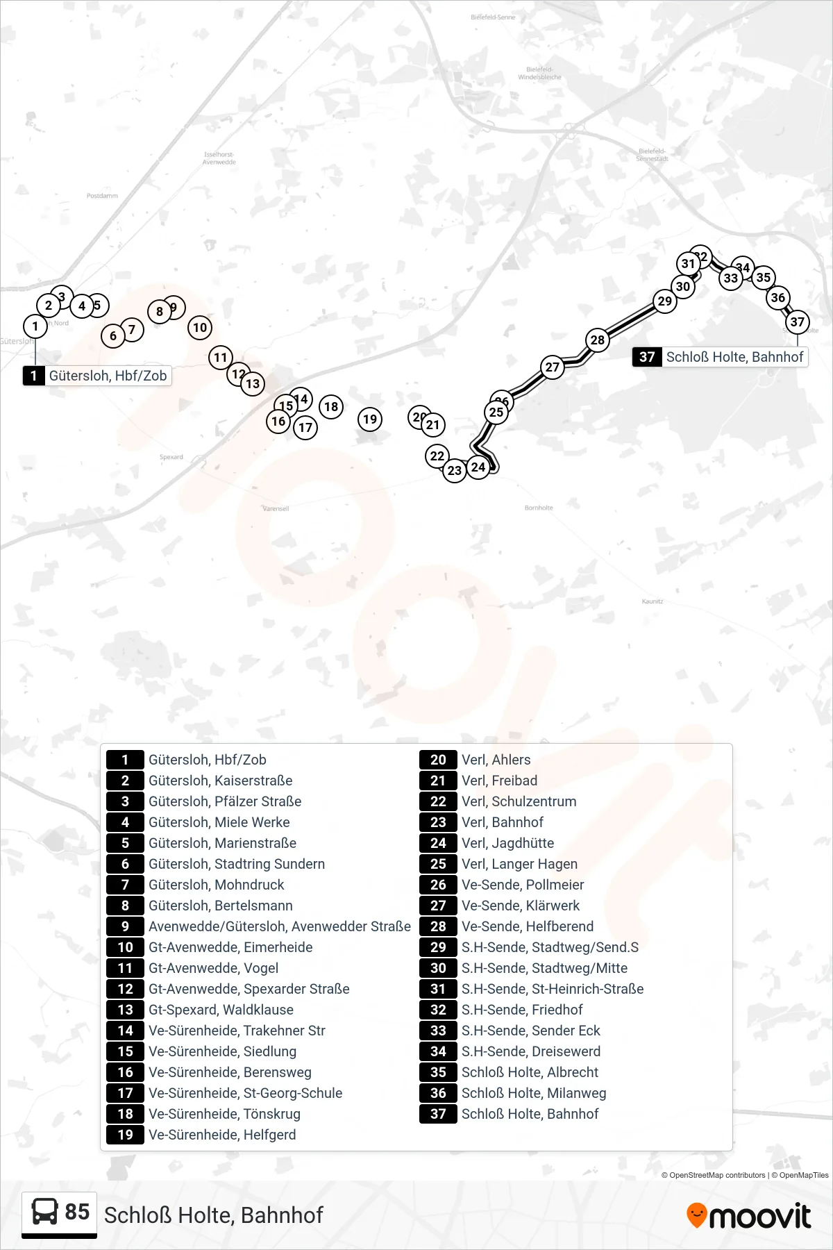 Linie 85 (Bus) Richtung Schloß Holte, Bahnhof: Route und Haltestellen auf der Karte