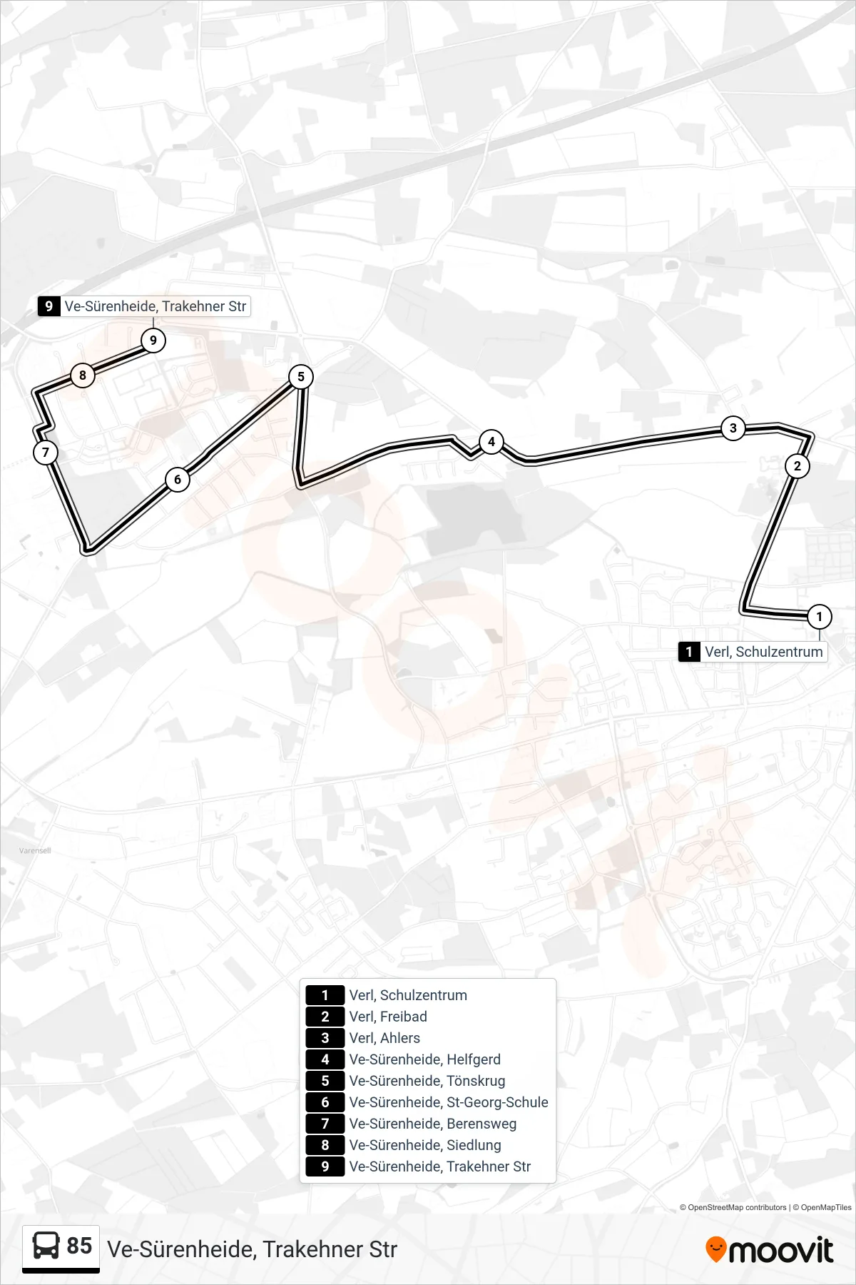 85 bus Line (Ve-Sürenheide, Trakehner Str) route and stops on a map