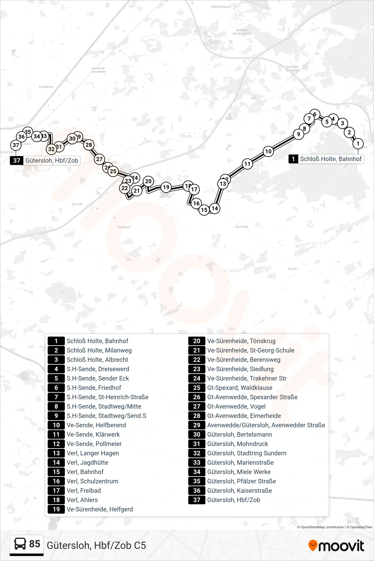 Linie 85 (Bus) Richtung Gütersloh, Hbf/Zob C5: Route und Haltestellen auf der Karte