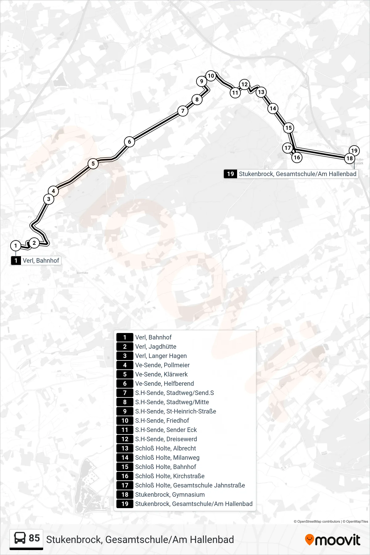 85 bus Line (Stukenbrock, Gesamtschule/Am Hallenbad) route and stops on a map