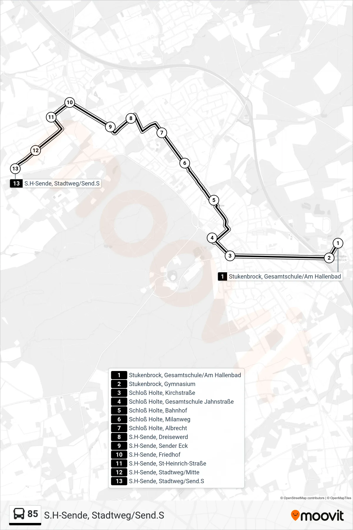 Linie 85 (Bus) Richtung S.H-Sende, Stadtweg/Send.S: Route und Haltestellen auf der Karte