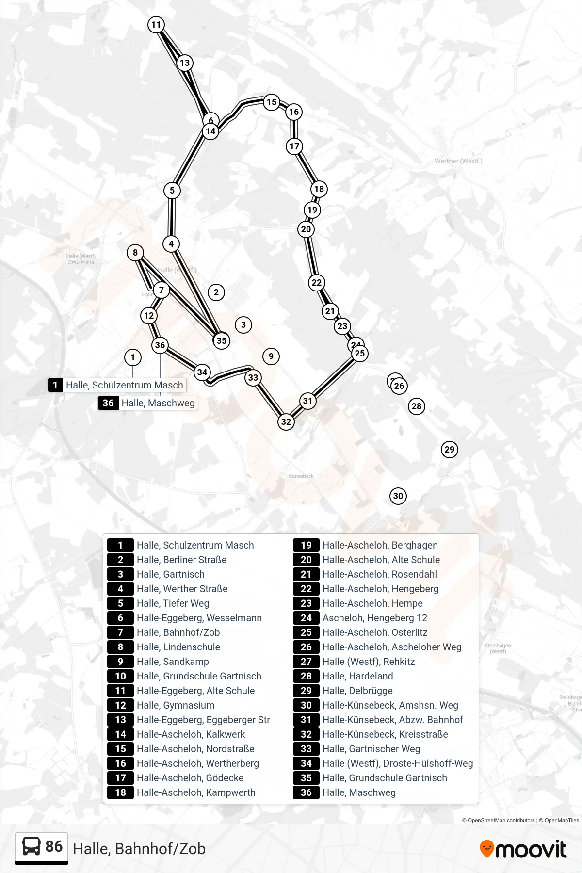 86 bus Line (Halle, Bahnhof/Zob) route and stops on a map