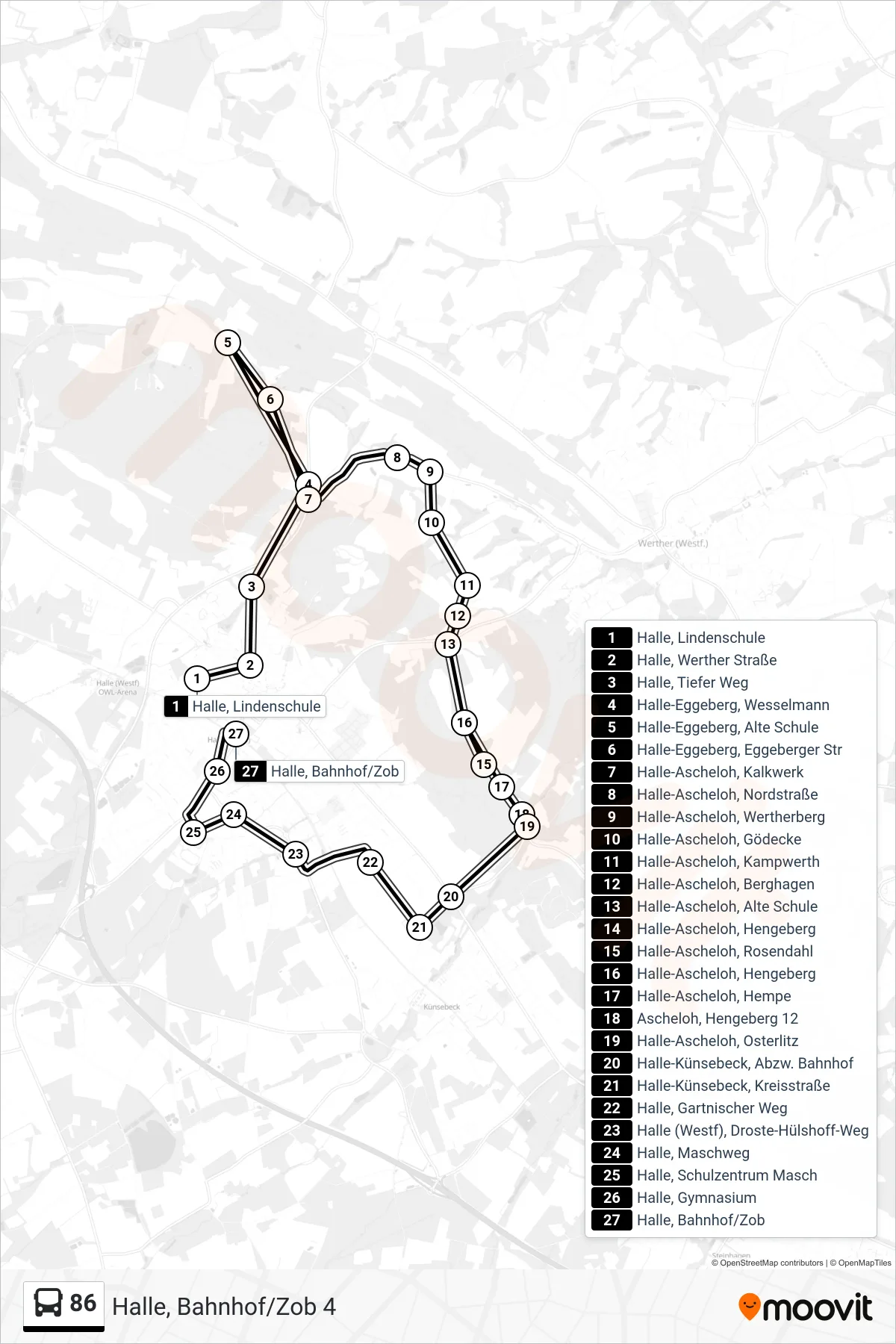 Linie 86 (Bus) Richtung Halle, Bahnhof/Zob 4: Route und Haltestellen auf der Karte