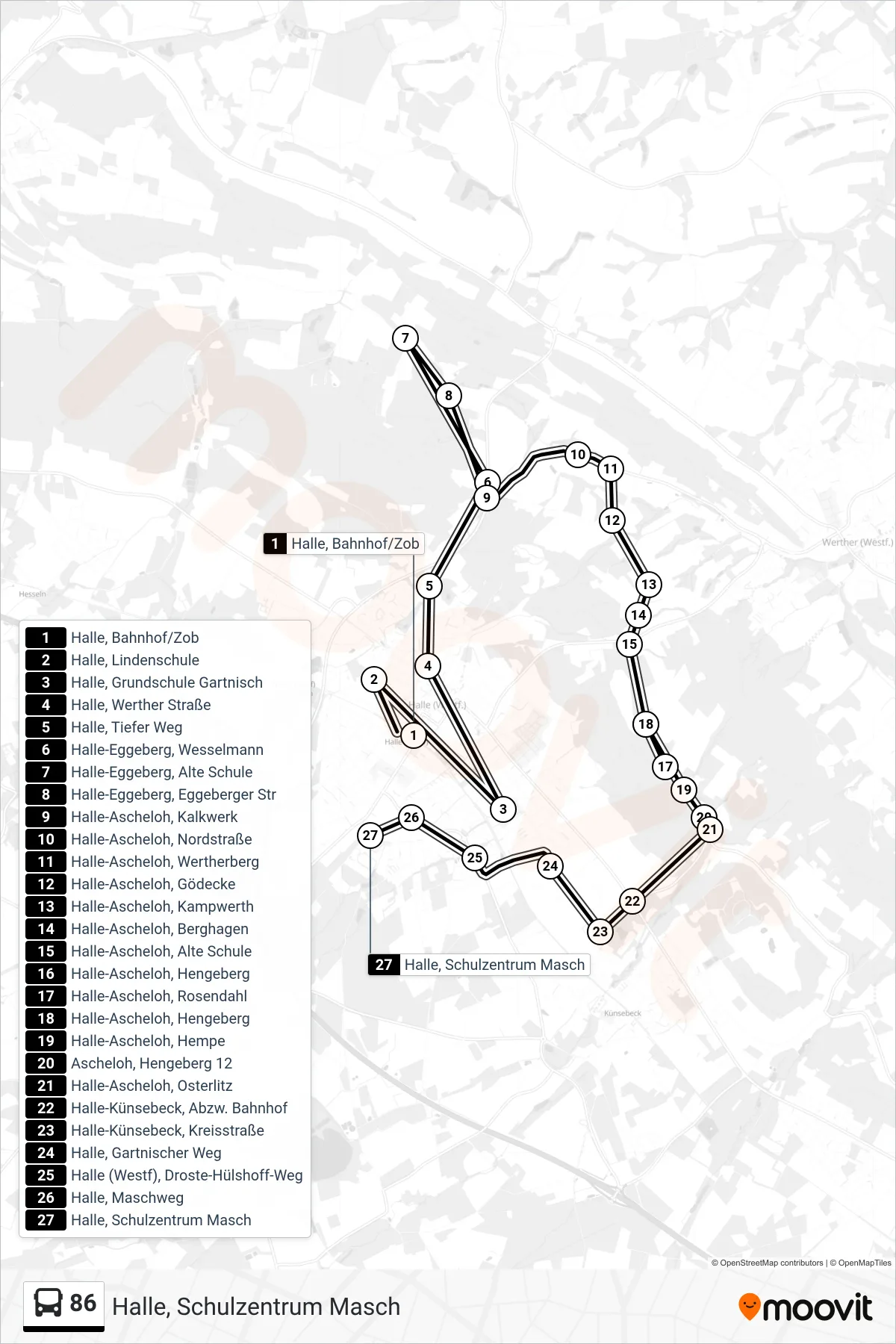 86 bus Line (Halle, Schulzentrum Masch) route and stops on a map