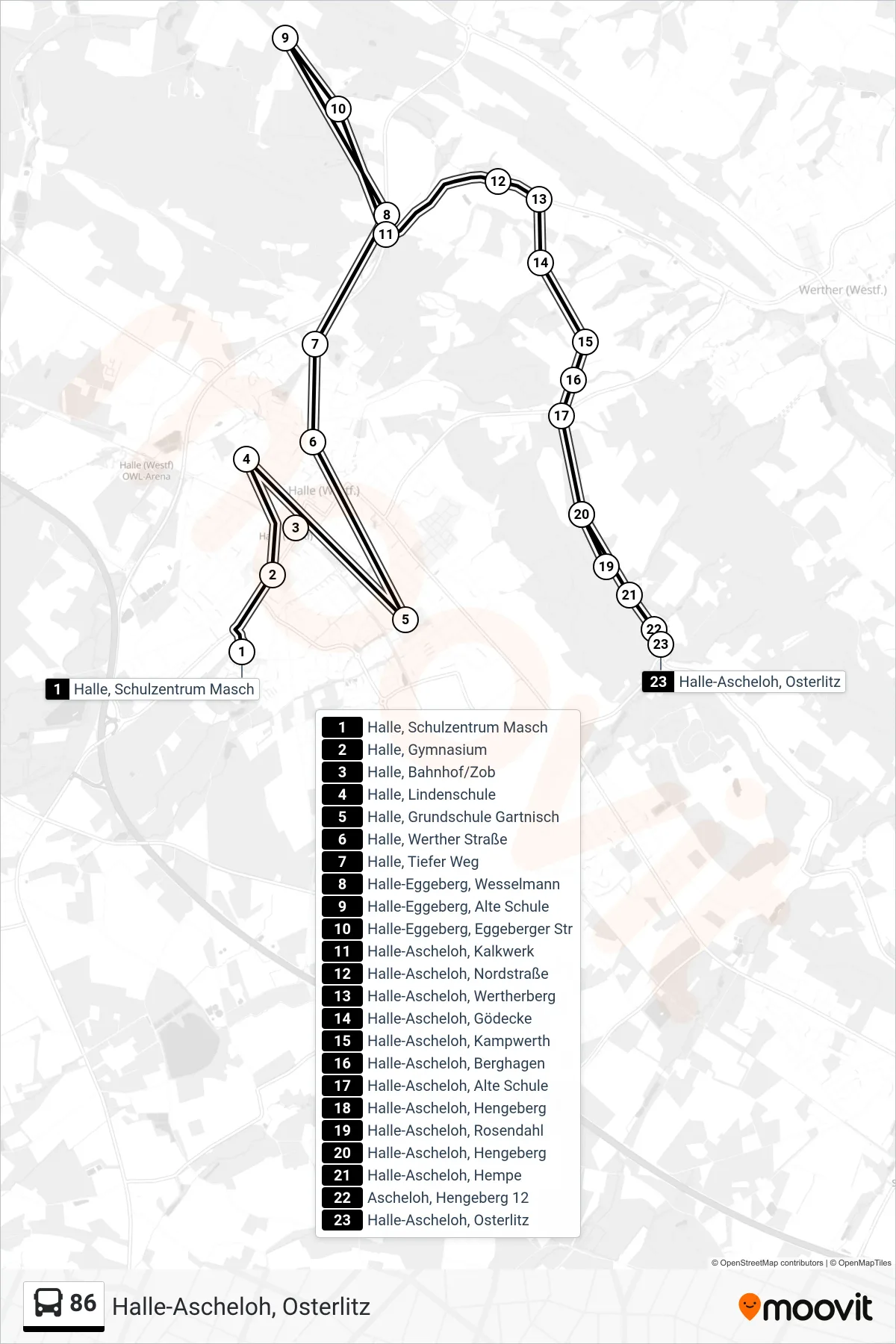Linie 86 (Bus) Richtung Halle-Ascheloh, Osterlitz: Route und Haltestellen auf der Karte