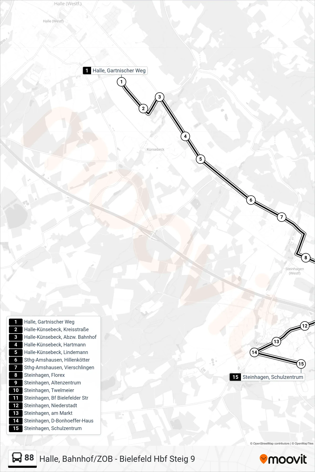 Linie 88 (Bus) Richtung Steinhagen, Schulzentrum: Route und Haltestellen auf der Karte