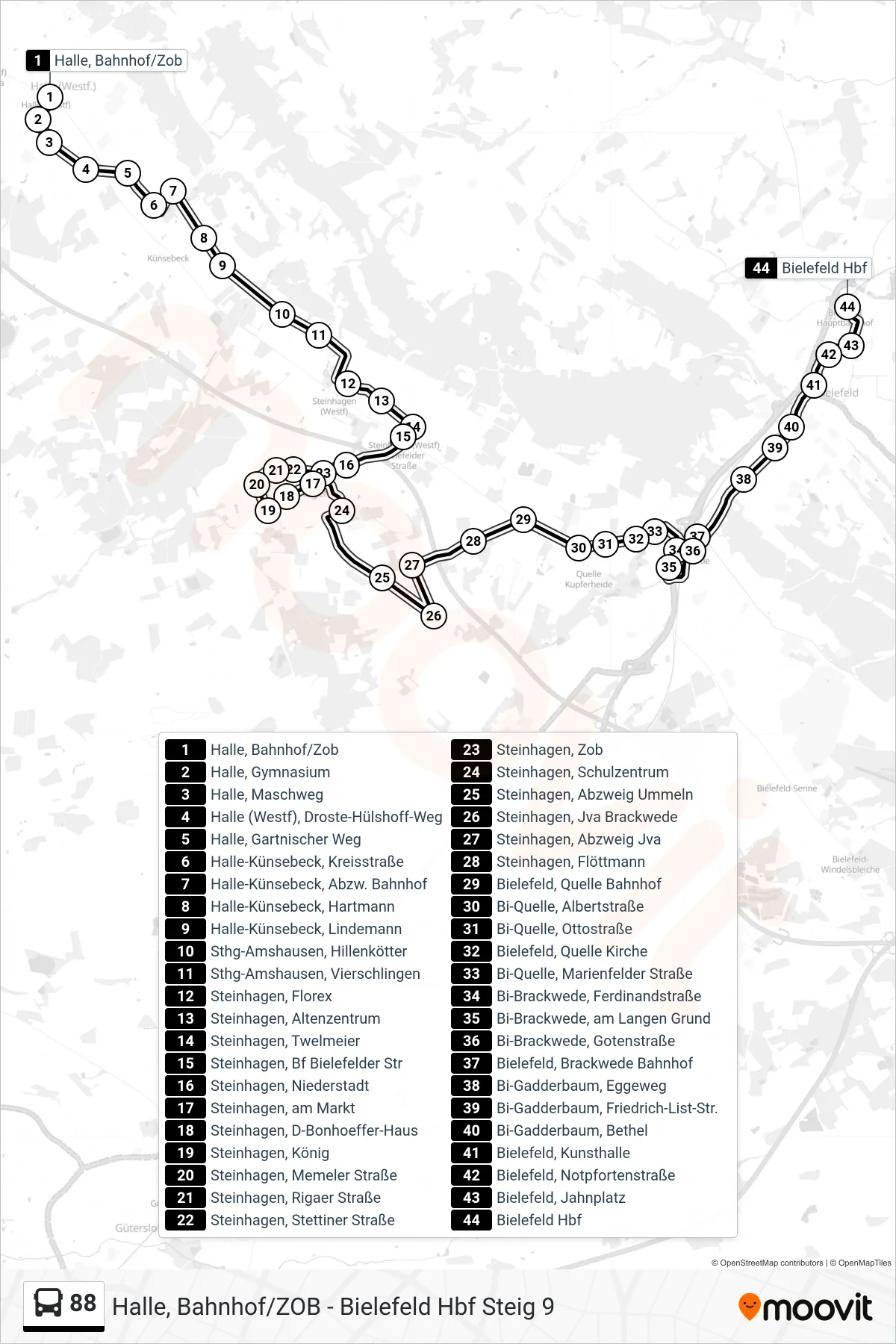 Linie 88 (Bus) Richtung Bielefeld Hbf Steig 9: Route und Haltestellen auf der Karte