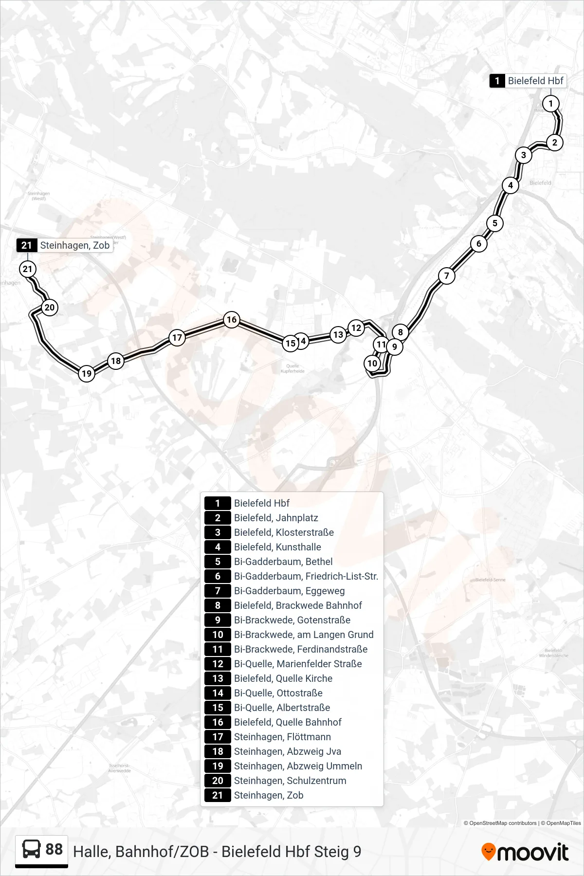 Linie 88 (Bus) Richtung Steinhagen, Zob: Route und Haltestellen auf der Karte
