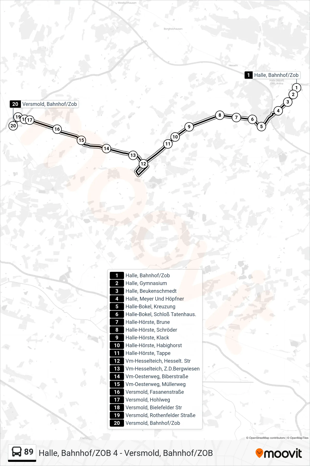 Linie 89 (Bus) Richtung Versmold, Bahnhof/Zob: Route und Haltestellen auf der Karte