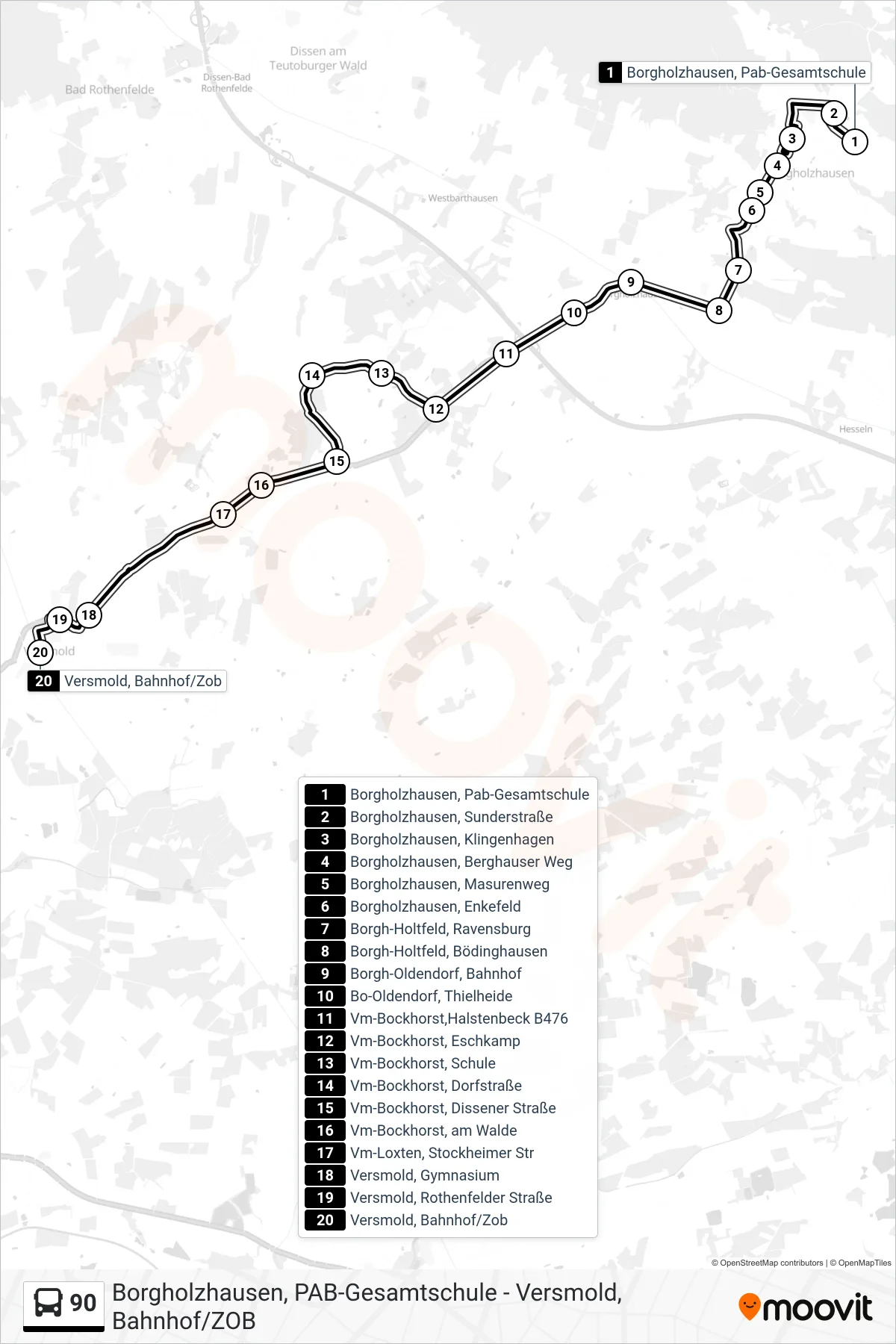 Linie 90 (Bus) Richtung Versmold, Bahnhof/Zob: Route und Haltestellen auf der Karte